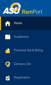 A screenshot of the RamPort sidebar menu. A vertical menu with a list of links: 'Home,' 'Academics,' 'Financial Aid and Billing,' 'Campus Life,' and 'Registration.'